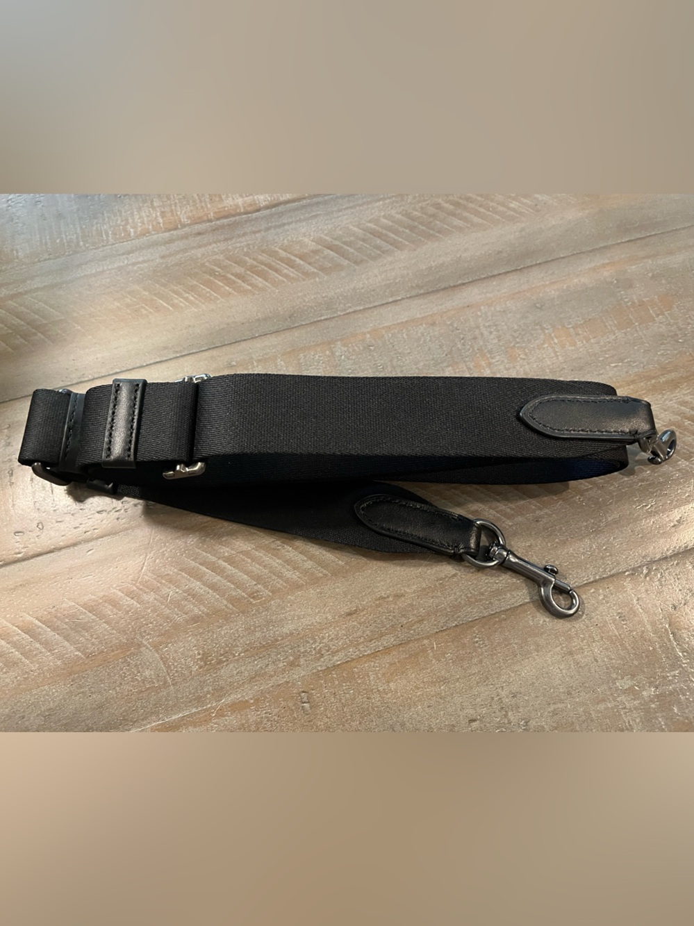 Adjustable Black Shoulder Strap with Leather Trim and Gunmetal Hardware